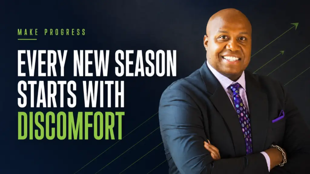 Featured image with the text "Every New Season Starts With Discomfort" beside a smiling business speaker in a suit, with upward arrows symbolizing personal growth, leadership, and progress.