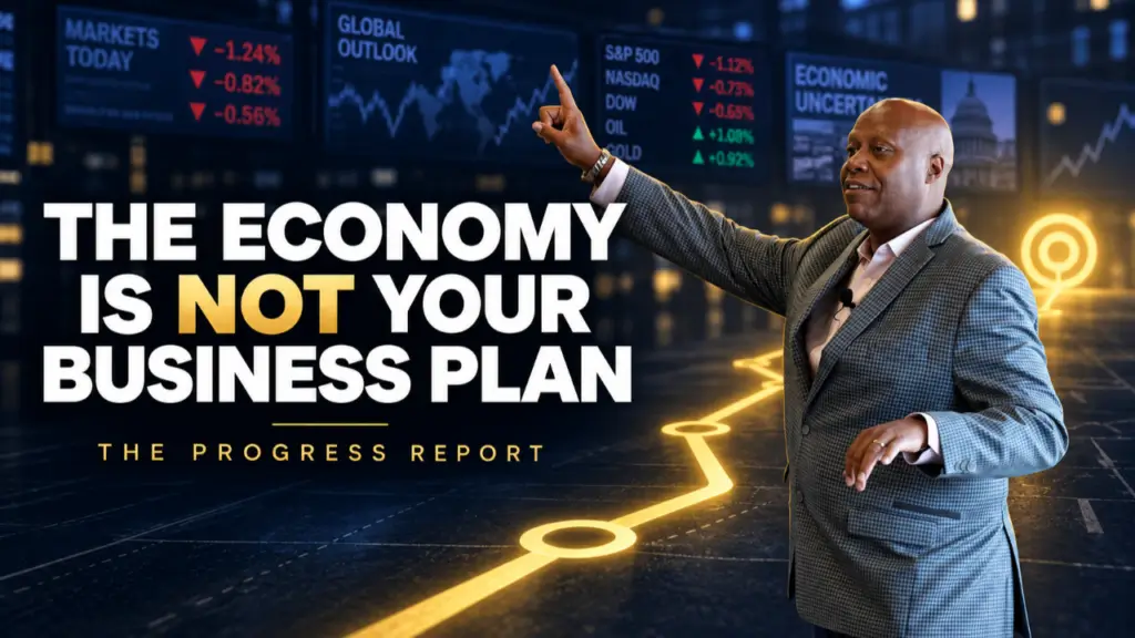 Featured image with the text "The Economy Is Not Your Business Plan" showing a business speaker pointing toward financial market charts and a glowing path, representing business strategy, economic uncertainty, and progress.