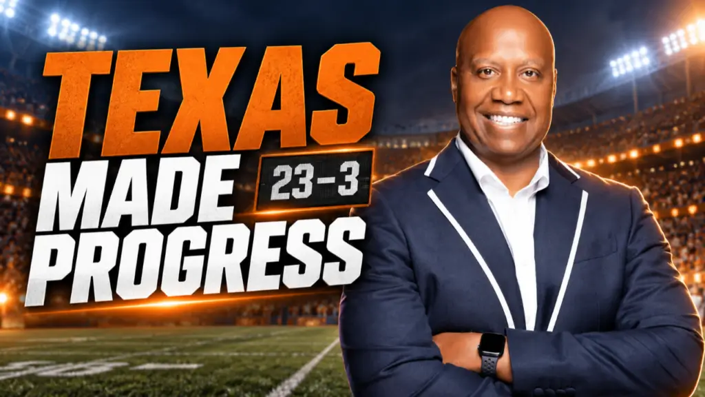Featured image with the text "Texas Made Progress" and a 23-3 scoreboard, showing a smiling business speaker in a suit standing on a football field, symbolizing achievement, leadership, and progress.