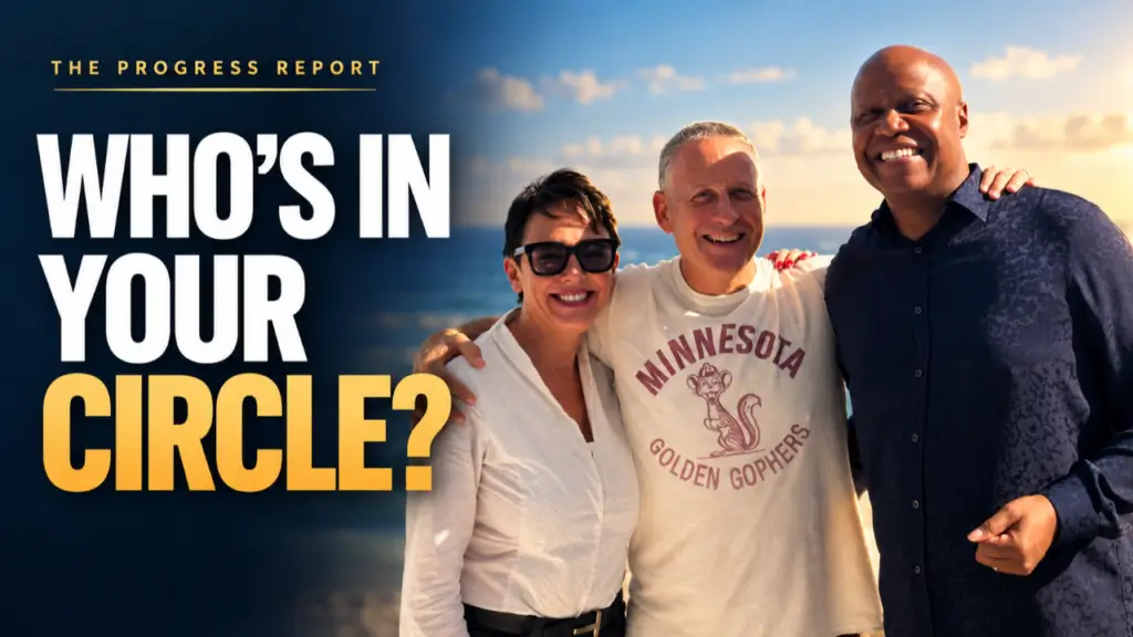 Featured image with the text "Who's in Your Circle?" showing three people standing together by the ocean, representing relationships, community, and the influence of your personal and professional circle on success.